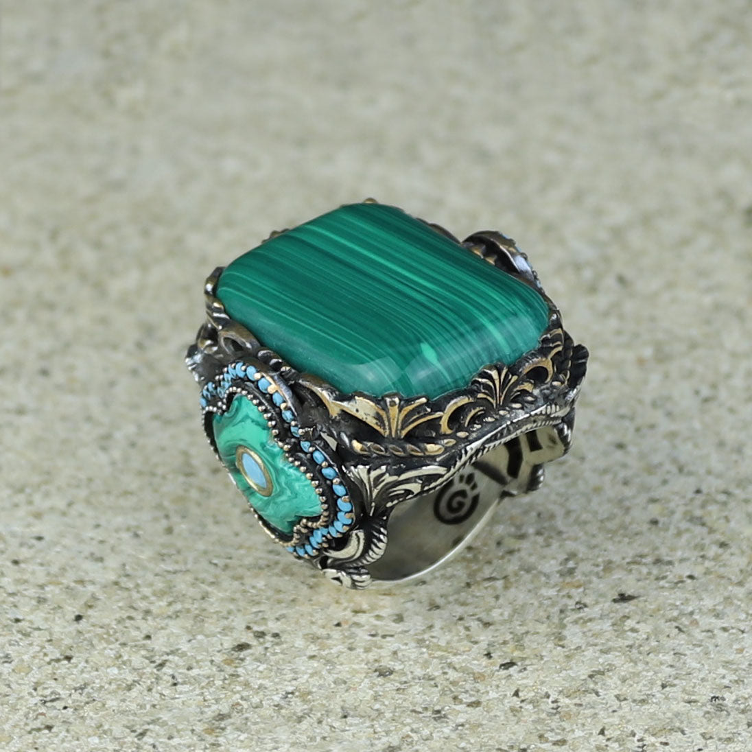 Men Silver Large Natural Malachite Turkish Handmade Ring
