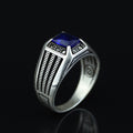 925 Silver Men's Sapphire Stone Ring, Engraved Minimal Blue Square Ring, Turkısh Handmade Ring, Ottoman Style Ring