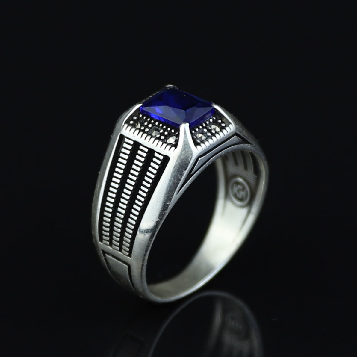 925 Silver Men's Sapphire Stone Ring, Engraved Minimal Blue Square Ring, Turkısh Handmade Ring, Ottoman Style Ring