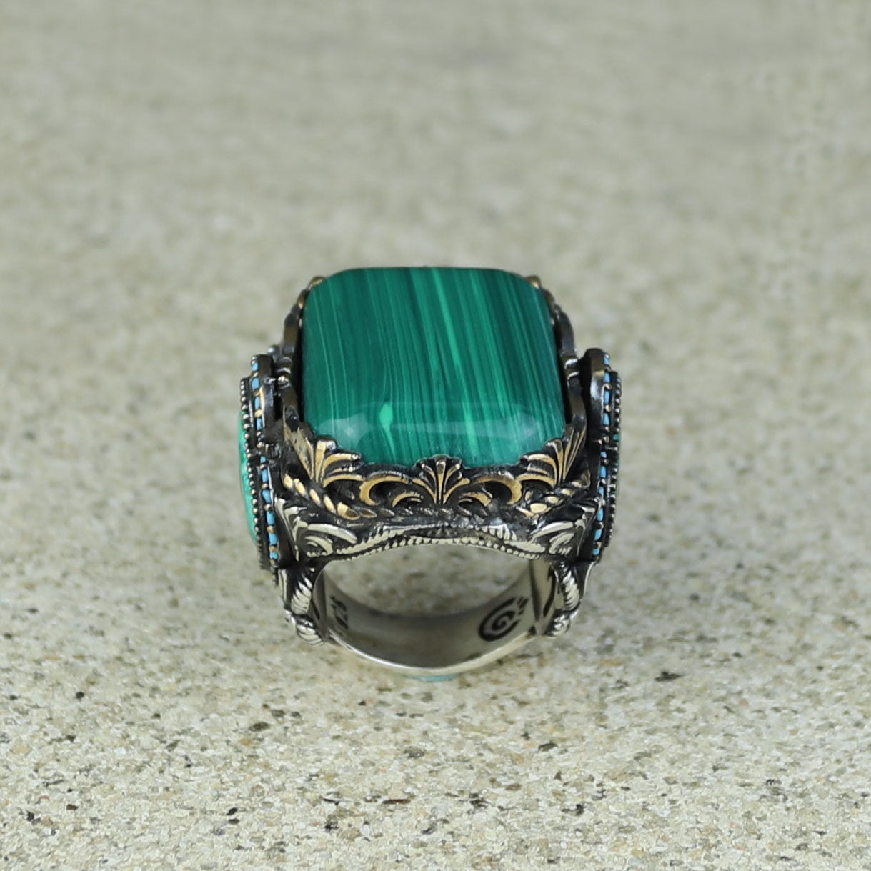 Men Silver Large Natural Malachite Turkish Handmade Ring