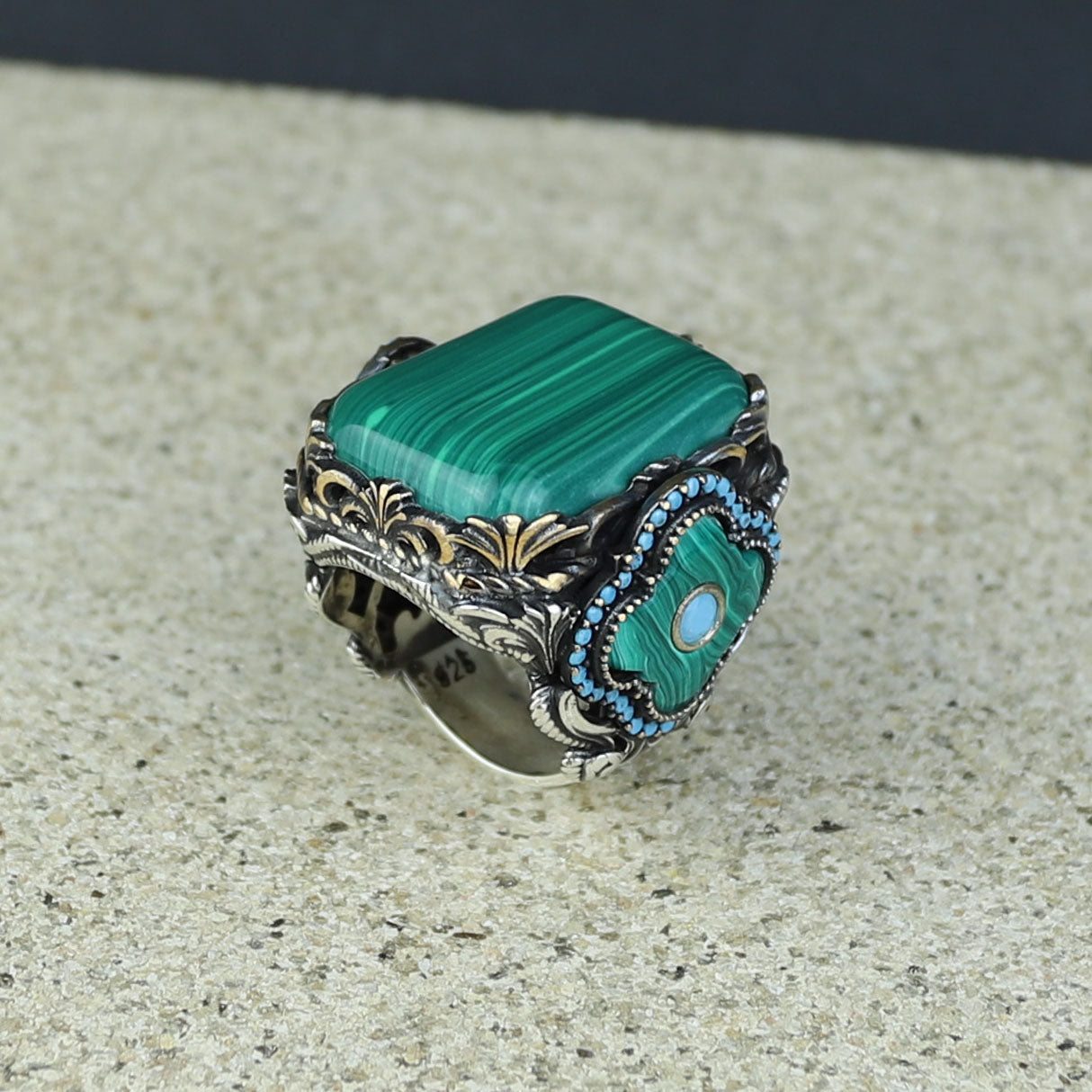 Men Silver Large Natural Malachite Turkish Handmade Ring