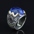 925 Men Silver Aquamarine Ring, Handmade Natural Blue Aquamarine Ring, Turkish Men Engraved Ring, Vintage Mens Ring