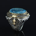Silver Aquamarine Stone Leon Signet Ring, Wolf Figured Signet Ring, King Leon Signet Ring, Large Silver Ring, Blue Stone Men Ring