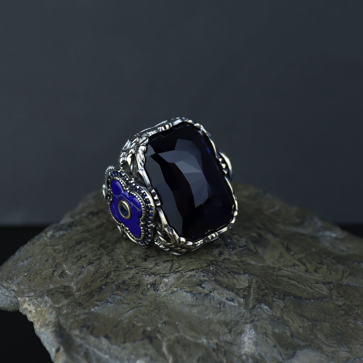 Men Handmade Square Large Sapphire Gemstone Ottoman Ring