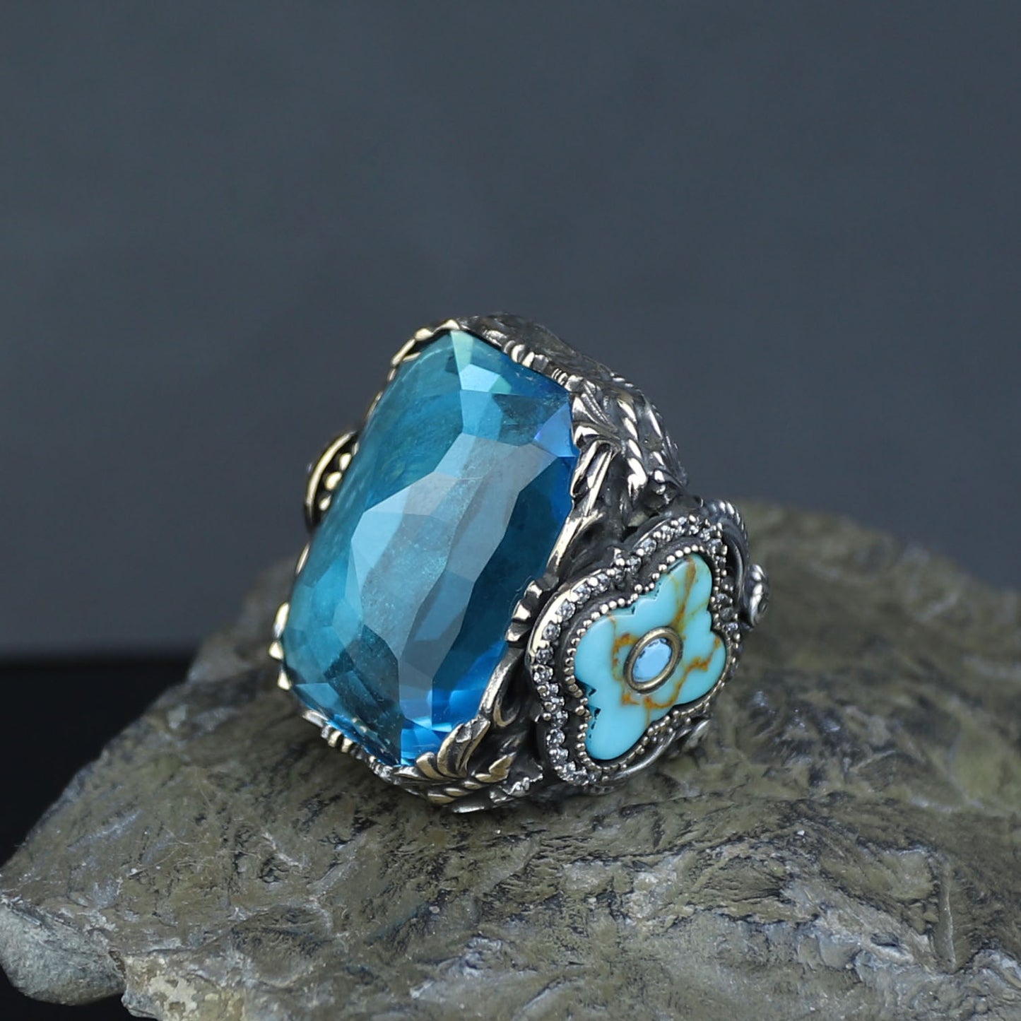 Men Handmade Large Square Aquamarine Gemstone Ring