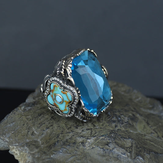 Men Handmade Large Square Aquamarine Gemstone Ring