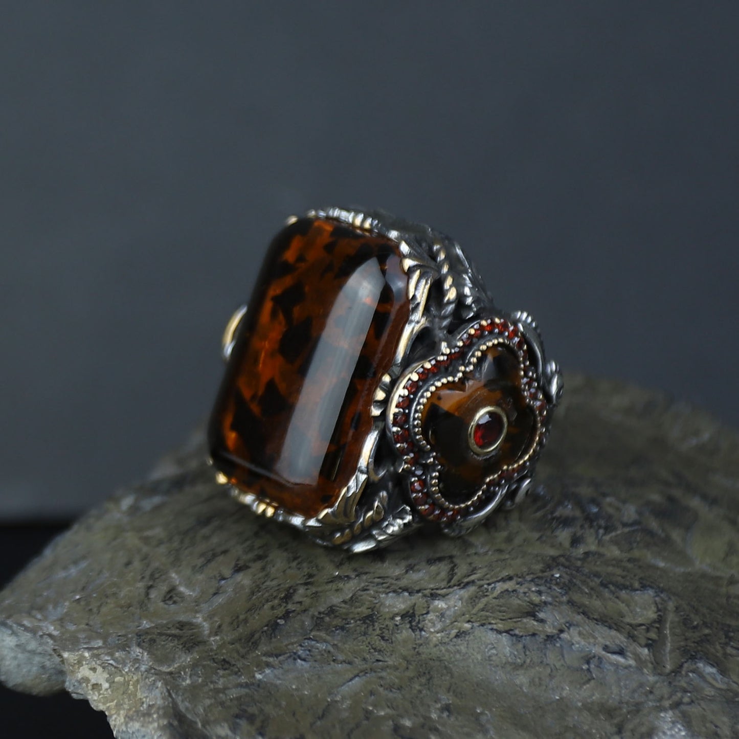 Men Handmade Ottoman Style Large Natural Amber Ring