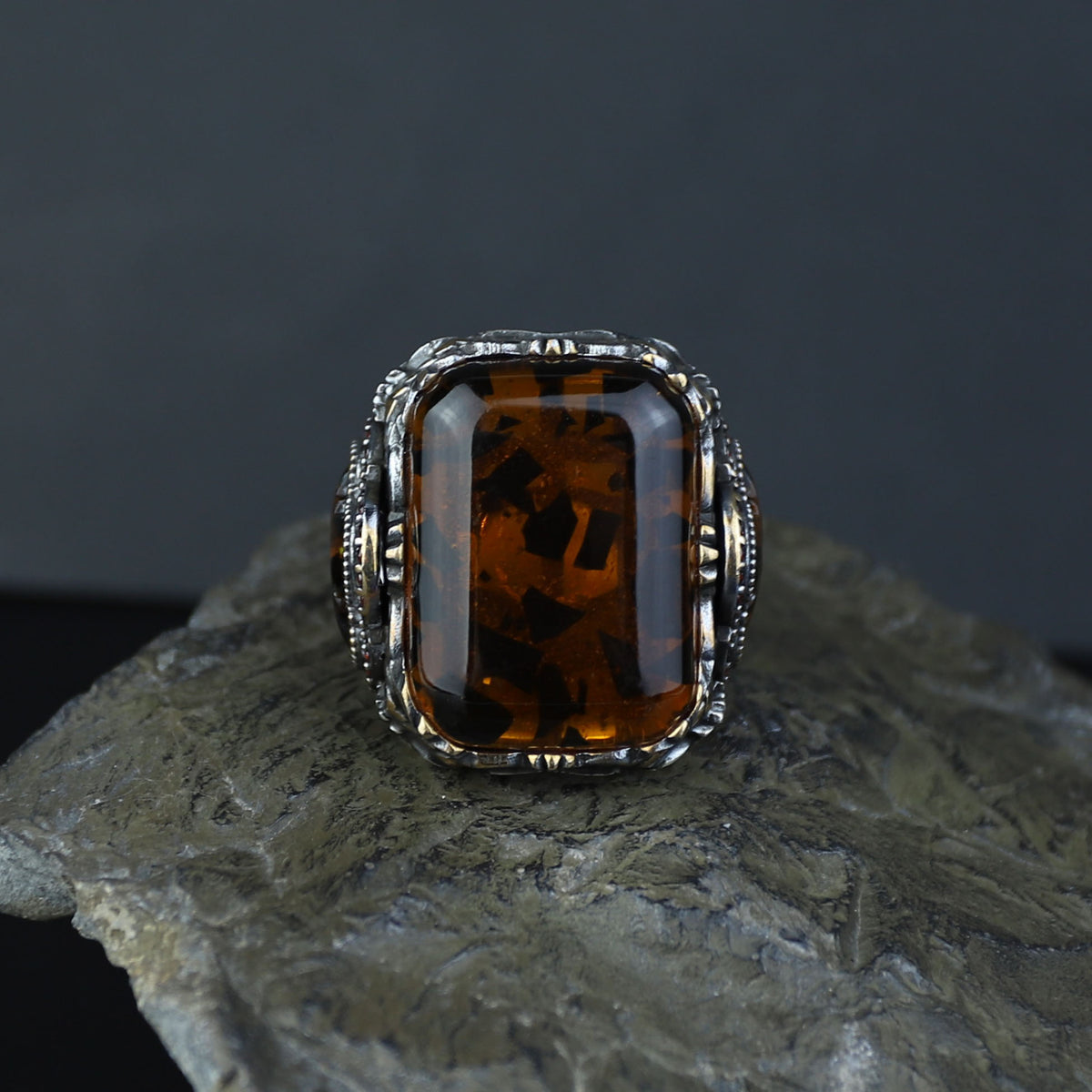Men Handmade Ottoman Style Large Natural Amber Ring