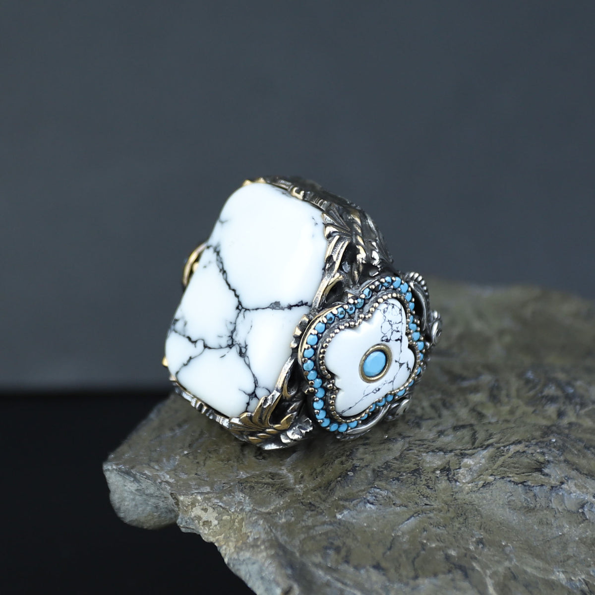 Men Silver Large White Turquoise Turkish Handmade Ring