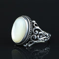 Mother Of Pearl Signet Ring, Men Engraved Oval Pearl Mens Ring, Silver Classic Mother Of Ring, Ottoman Style Men Ring