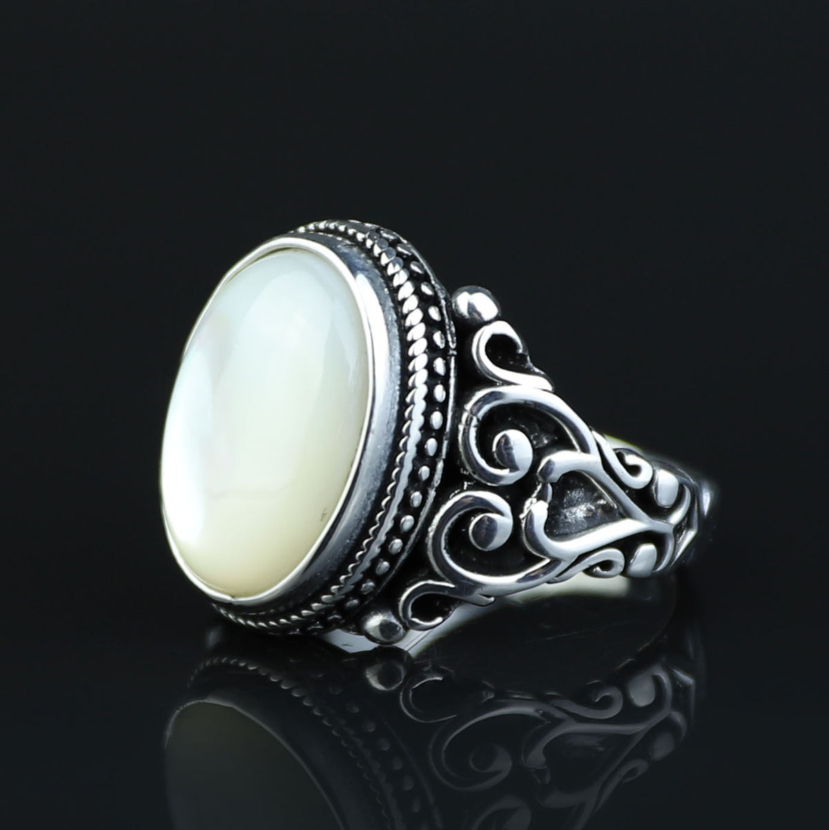 Mother Of Pearl Signet Ring, Men Engraved Oval Pearl Mens Ring, Silver Classic Mother Of Ring, Ottoman Style Men Ring
