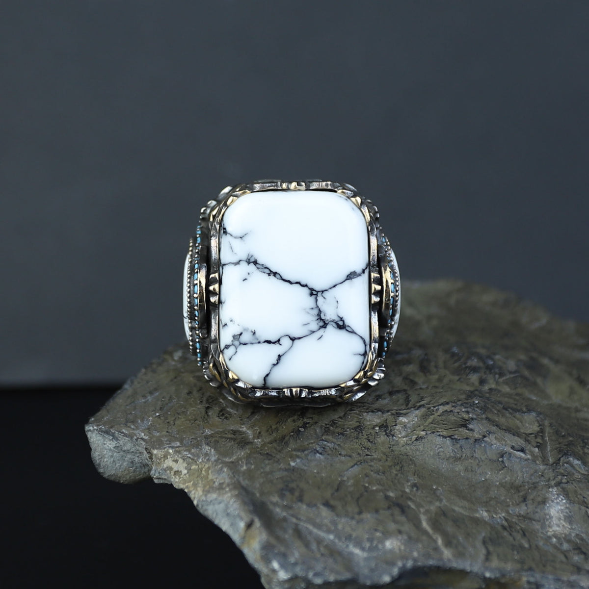 Men Silver Large White Turquoise Turkish Handmade Ring