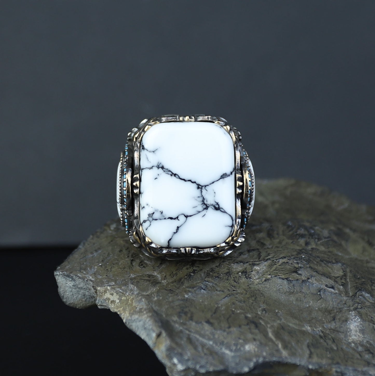 Men Silver Large White Turquoise Turkish Handmade Ring