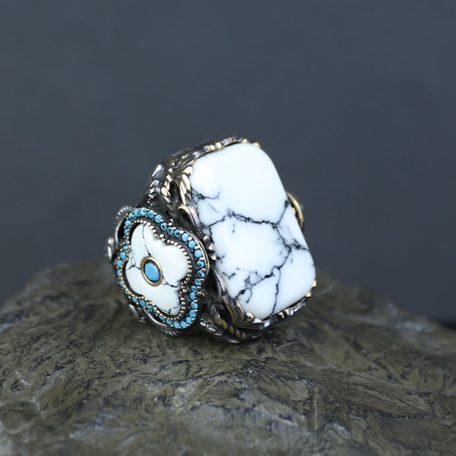 Men Silver Large White Turquoise Turkish Handmade Ring