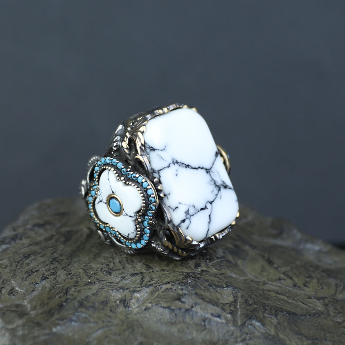 Men Silver Large White Turquoise Turkish Handmade Ring