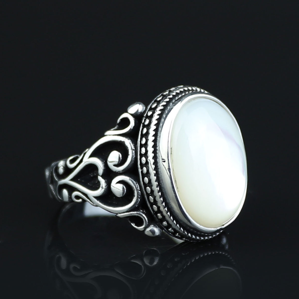 Mother Of Pearl Signet Ring, Men Engraved Oval Pearl Mens Ring, Silver Classic Mother Of Ring, Ottoman Style Men Ring