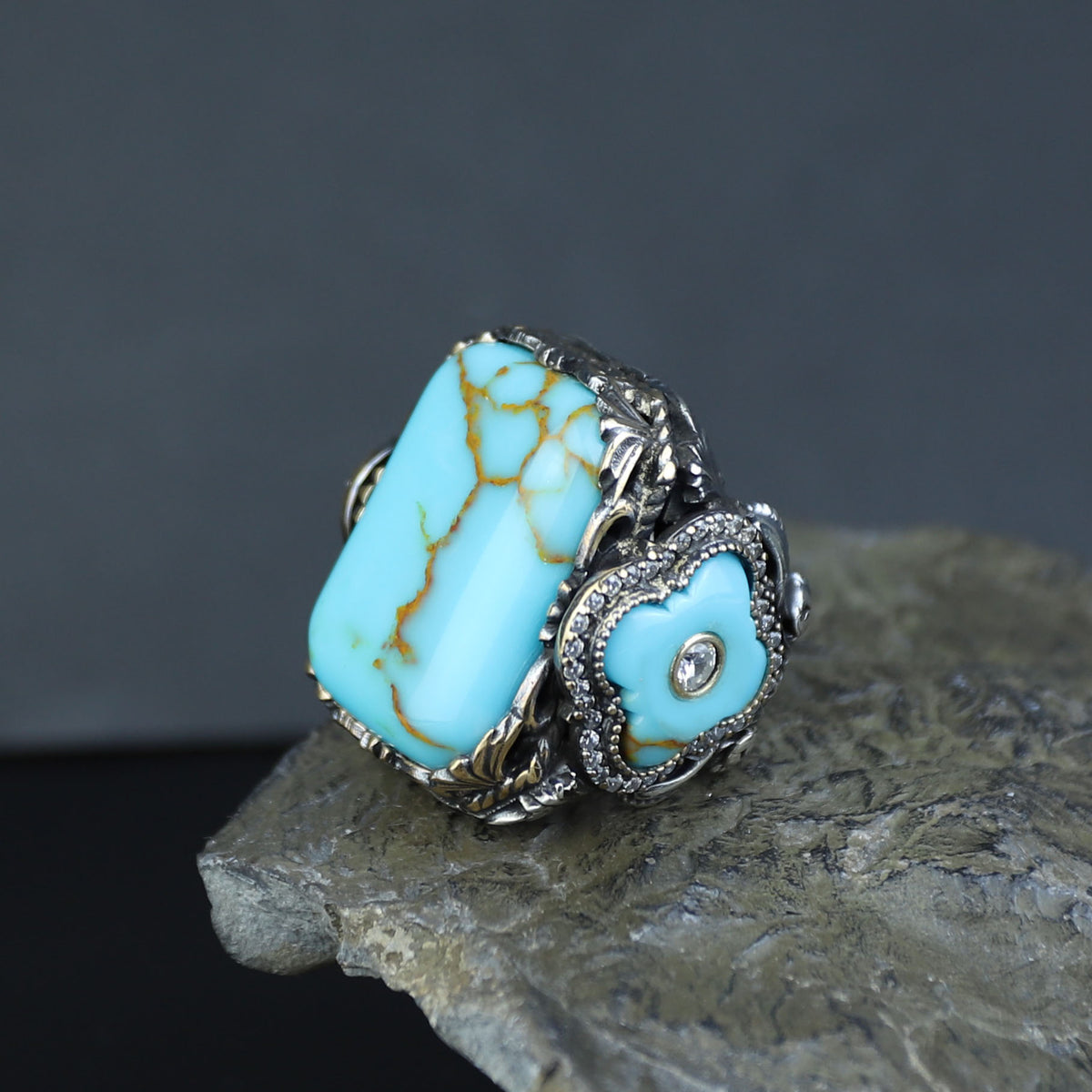 Men Silver Handmade Large Natural Turquoise Engraved Ring