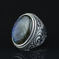 Men Silver Engraved Blue Tiger Eye Men Ring, Large Silver Men Ring, Father Gift, Handmade Silver Ring