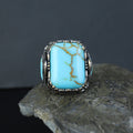 Men Silver Handmade Large Natural Turquoise Engraved Ring