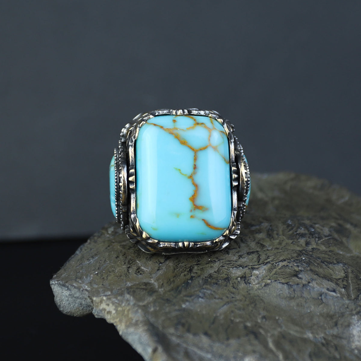 Men Silver Handmade Large Natural Turquoise Engraved Ring