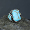 Men Silver Handmade Large Natural Turquoise Engraved Ring