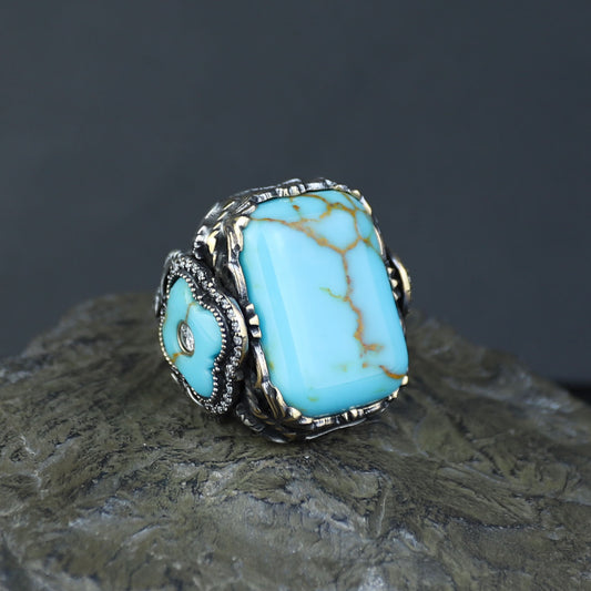 Men Silver Handmade Large Natural Turquoise Engraved Ring