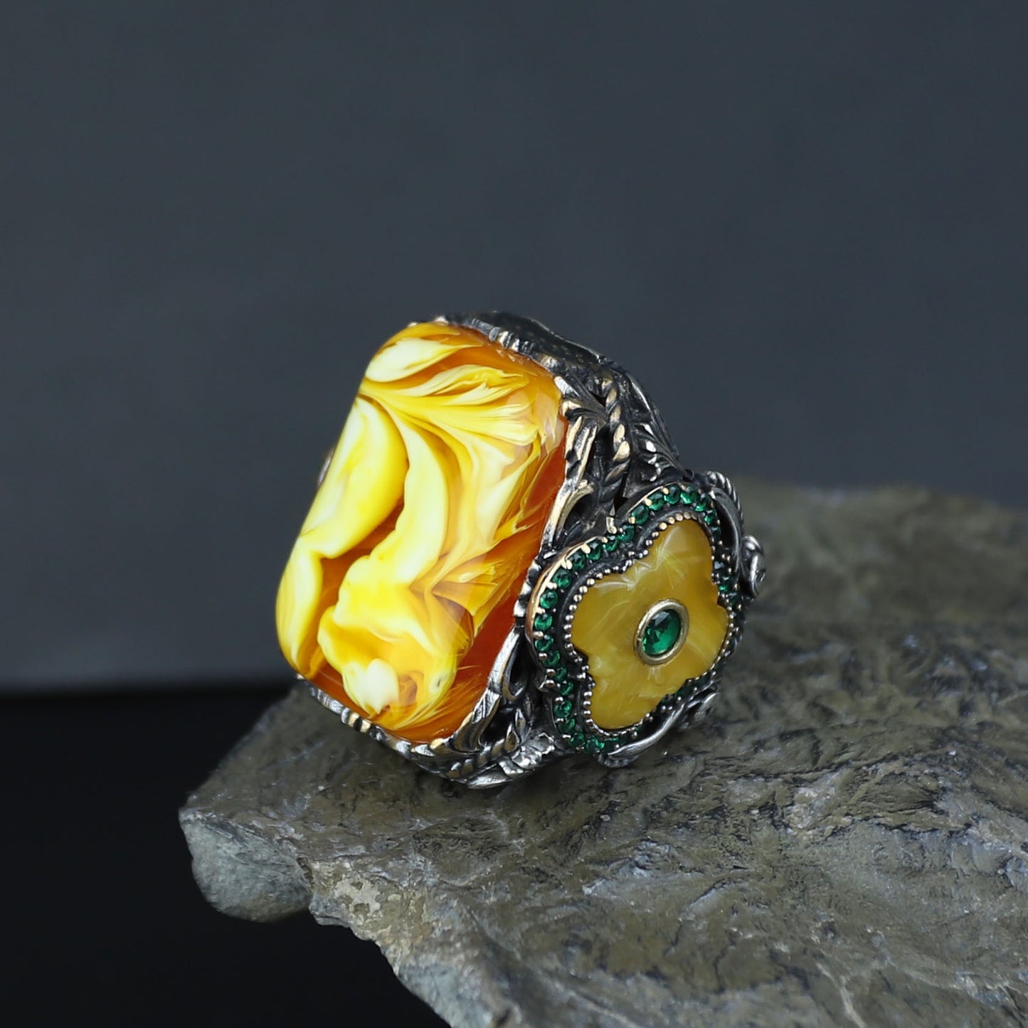 925 Sterling Silver Men Silver Large Gemstone Yellow Agate Ring