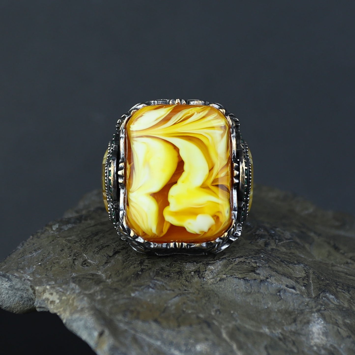 925 Sterling Silver Men Silver Large Gemstone Yellow Agate Ring