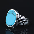Men Silver Handmade Turquoise Ring, Oval Minimal Engraved Turquoise Ring, Turkish Handmade Ring, Natural Turquoise Ring