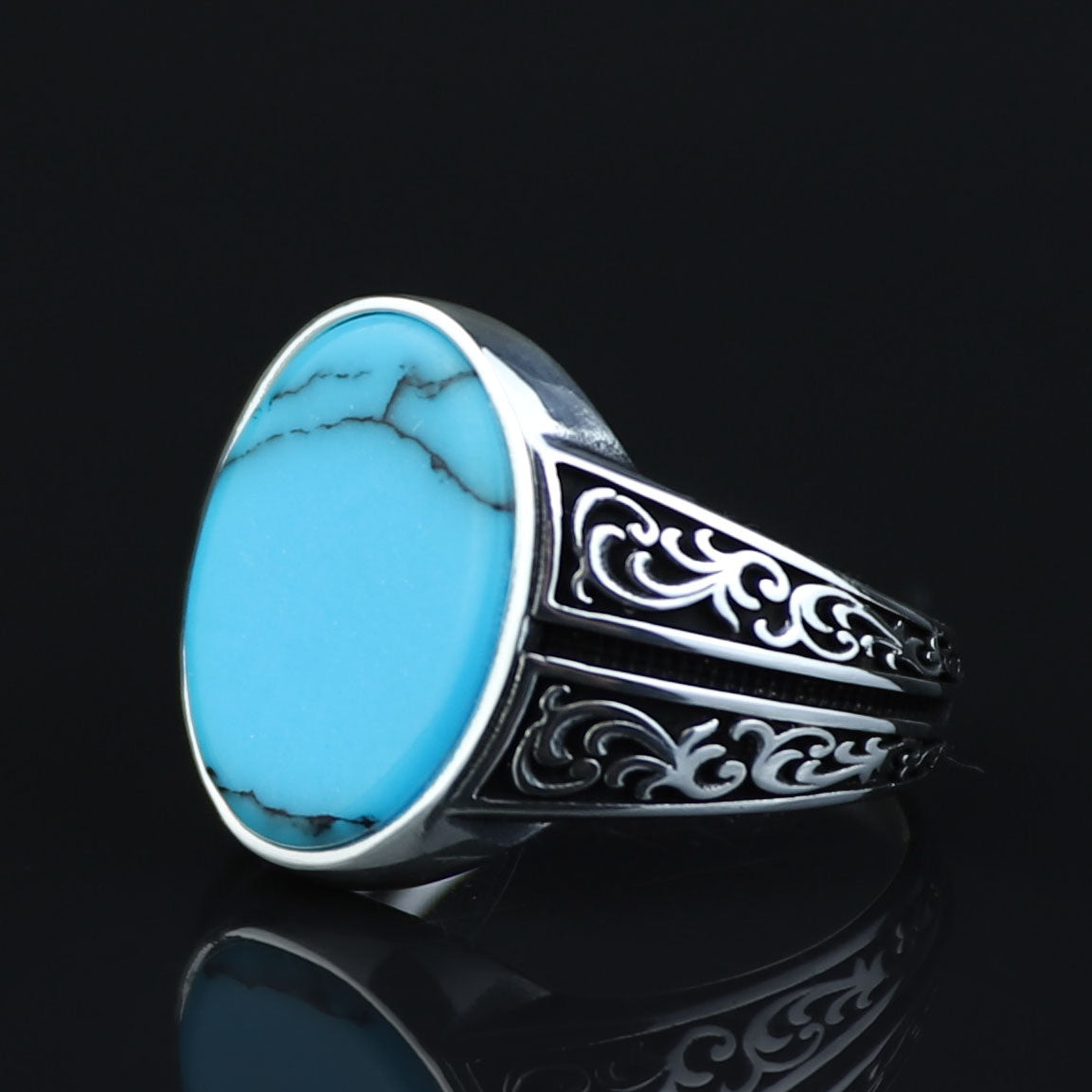 Men Silver Handmade Turquoise Ring, Oval Minimal Engraved Turquoise Ring, Turkish Handmade Ring, Natural Turquoise Ring