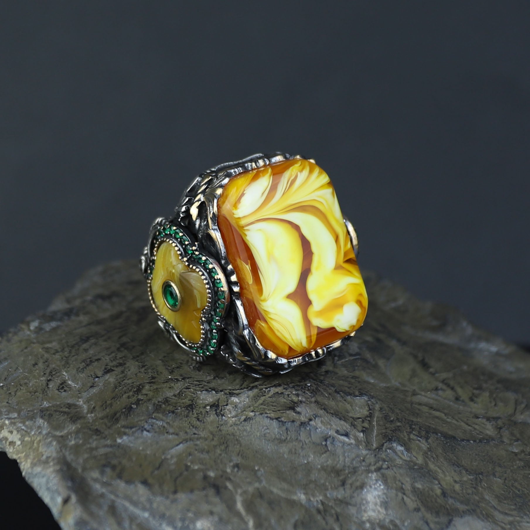 925 Sterling Silver Men Silver Large Gemstone Yellow Agate Ring