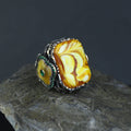 925 Sterling Silver Men Silver Large Gemstone Yellow Agate Ring