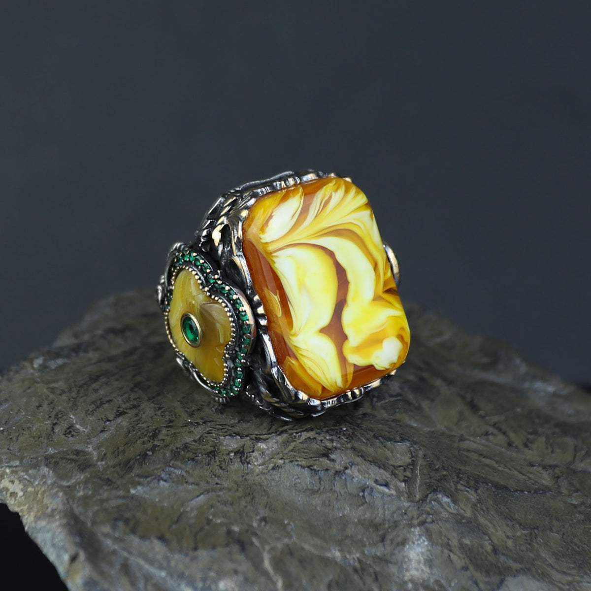 925 Sterling Silver Men Silver Large Gemstone Yellow Agate Ring