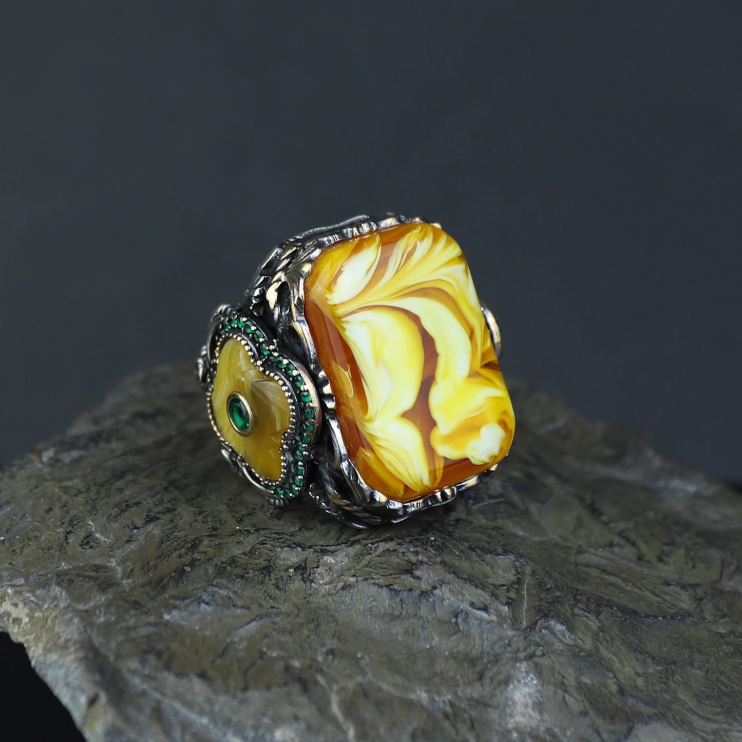 925 Sterling Silver Men Silver Large Gemstone Yellow Agate Ring