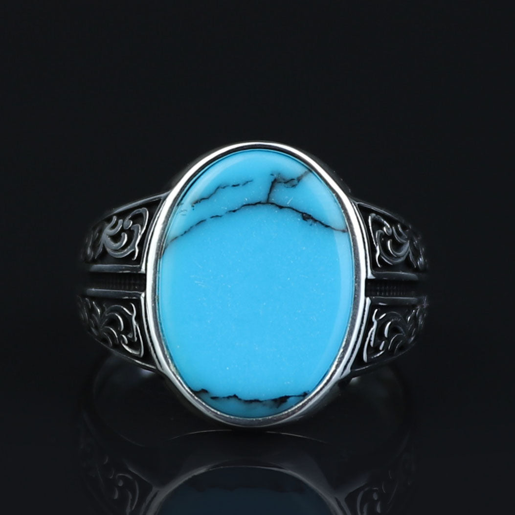 Men Silver Handmade Turquoise Ring, Oval Minimal Engraved Turquoise Ring, Turkish Handmade Ring, Natural Turquoise Ring