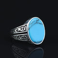 Men Silver Handmade Turquoise Ring, Oval Minimal Engraved Turquoise Ring, Turkish Handmade Ring, Natural Turquoise Ring