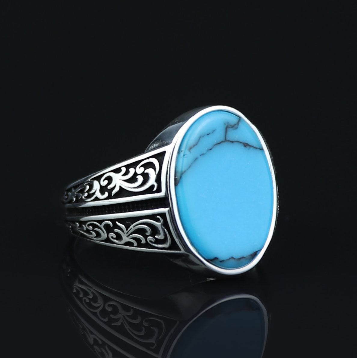 Men Silver Handmade Turquoise Ring, Oval Minimal Engraved Turquoise Ring, Turkish Handmade Ring, Natural Turquoise Ring