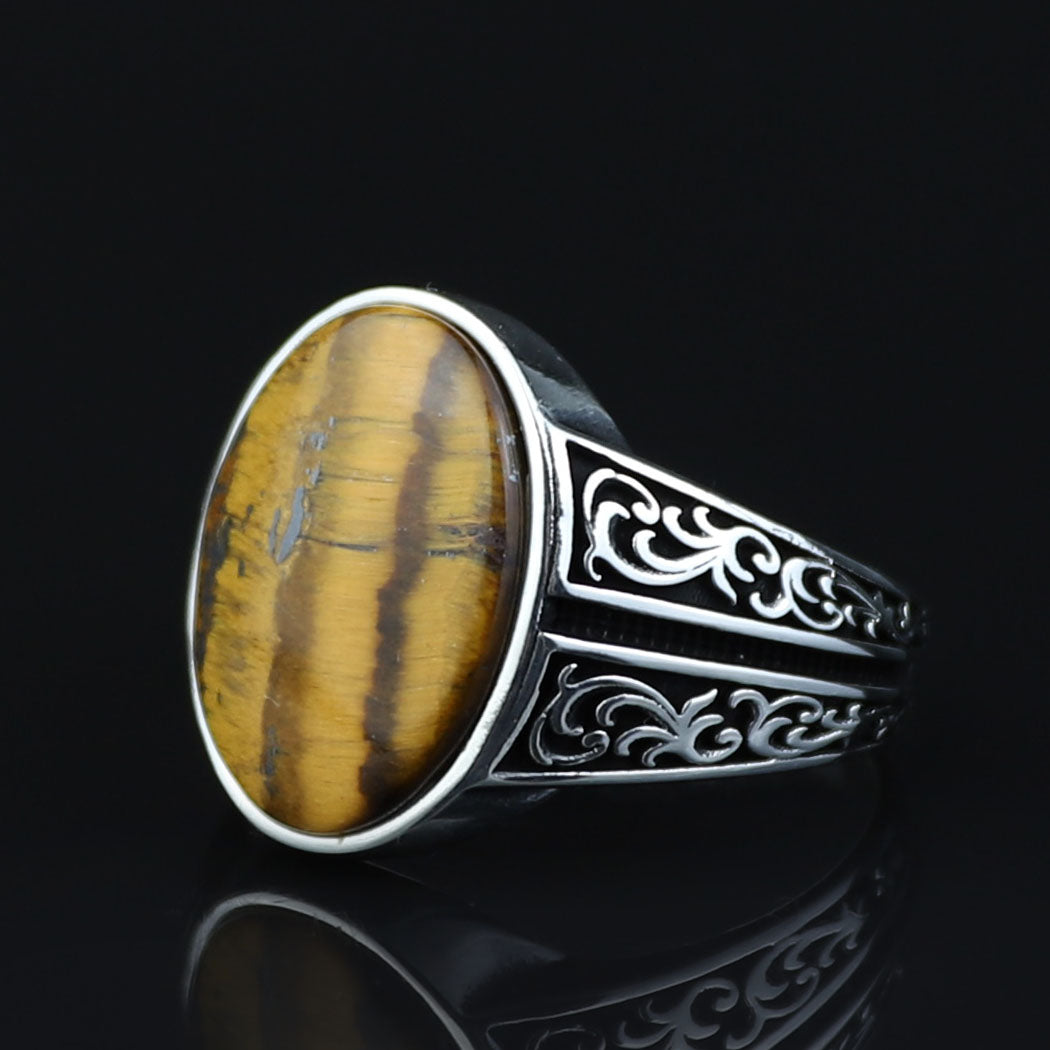 Silver Tiger Eye Gemstone Ring, Man Minimal Tiger Eye Ring, Ottoman Style Silver Ring, Men Tiger Eye Jewelry