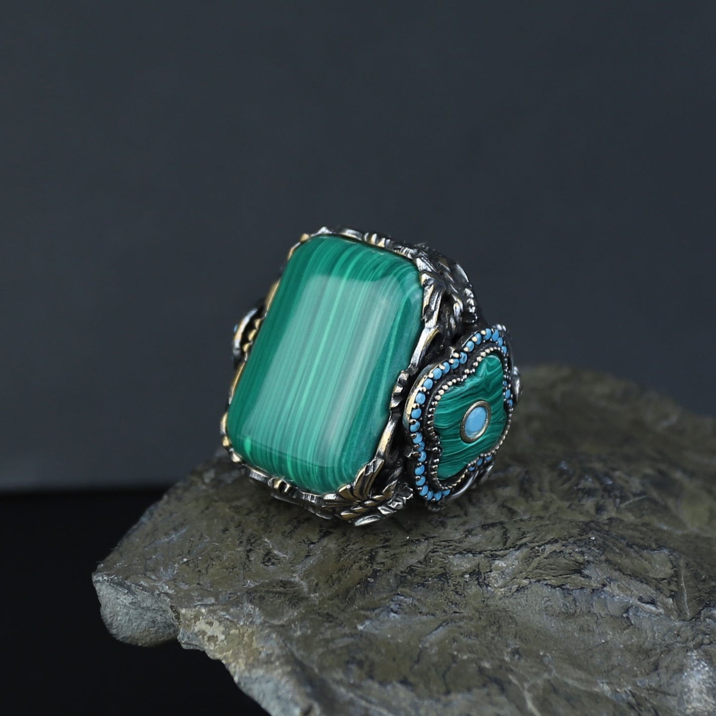 Men Silver Large Natural Malachite Turkish Handmade Ring