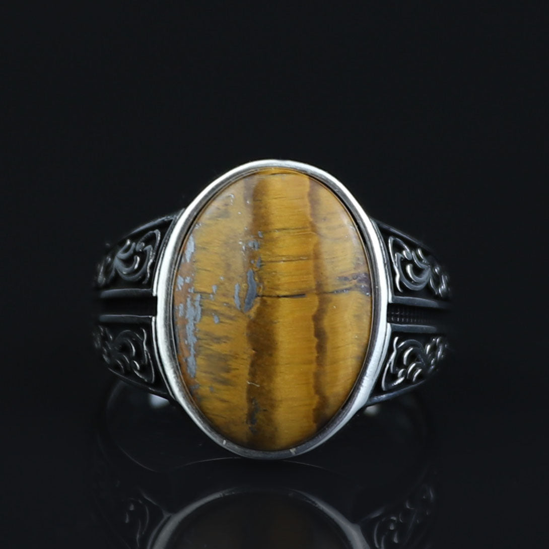Silver Tiger Eye Gemstone Ring, Man Minimal Tiger Eye Ring, Ottoman Style Silver Ring, Men Tiger Eye Jewelry
