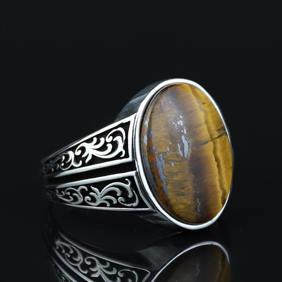 Silver Tiger Eye Gemstone Ring, Man Minimal Tiger Eye Ring, Ottoman Style Silver Ring, Men Tiger Eye Jewelry