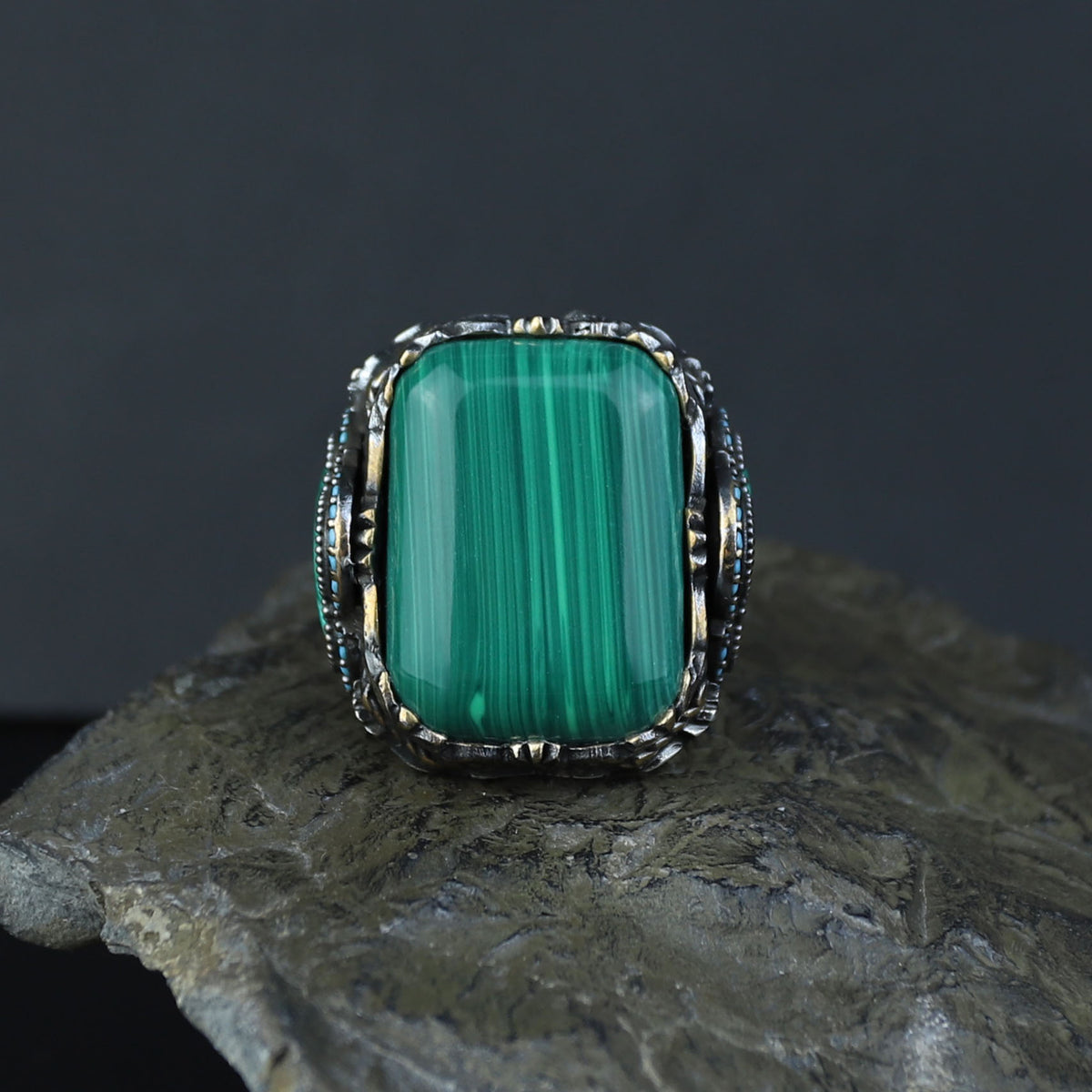 Men Silver Large Natural Malachite Turkish Handmade Ring