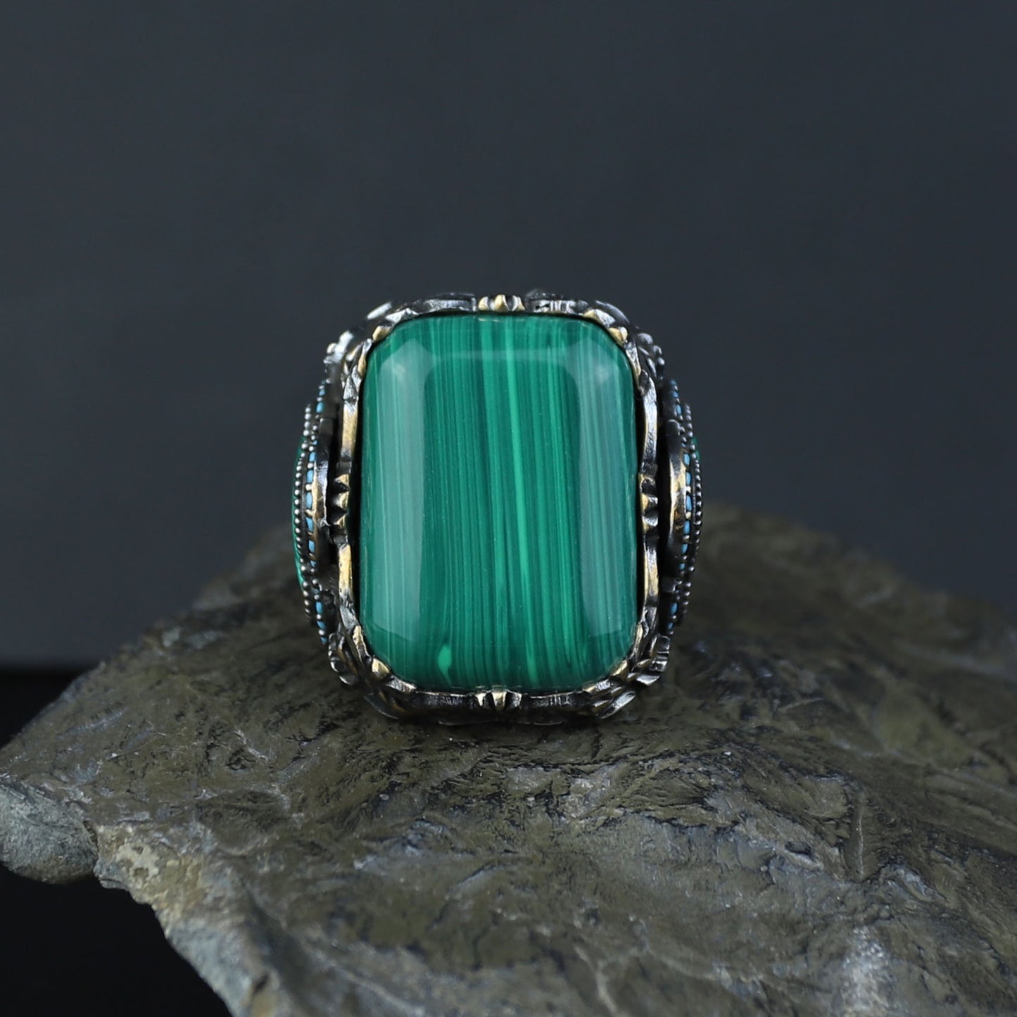 Men Silver Large Natural Malachite Turkish Handmade Ring