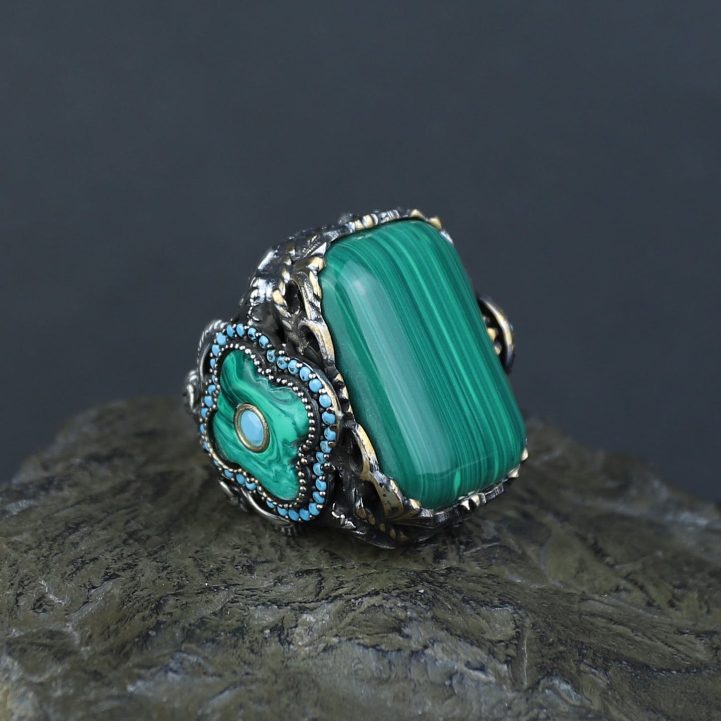 Men Silver Large Natural Malachite Turkish Handmade Ring