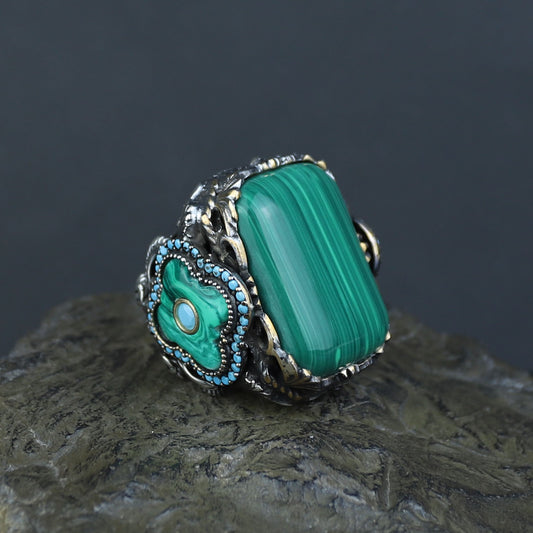Men Silver Large Natural Malachite Turkish Handmade Ring