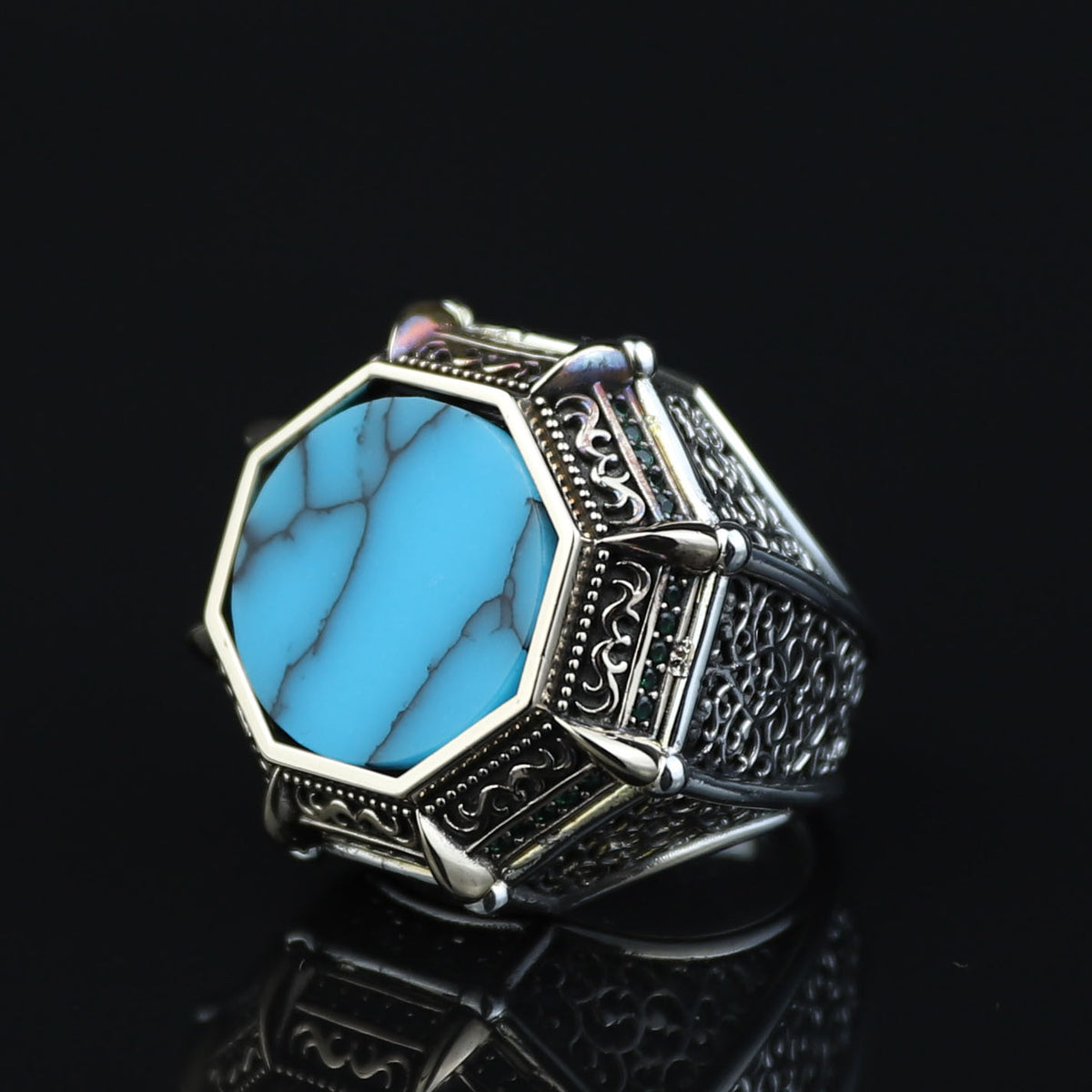 Turkish Handmade Turquoise Ring, Men Large Round Turquoise Ring, Ottoman Style Handmade Ring, Perfect Men Ring