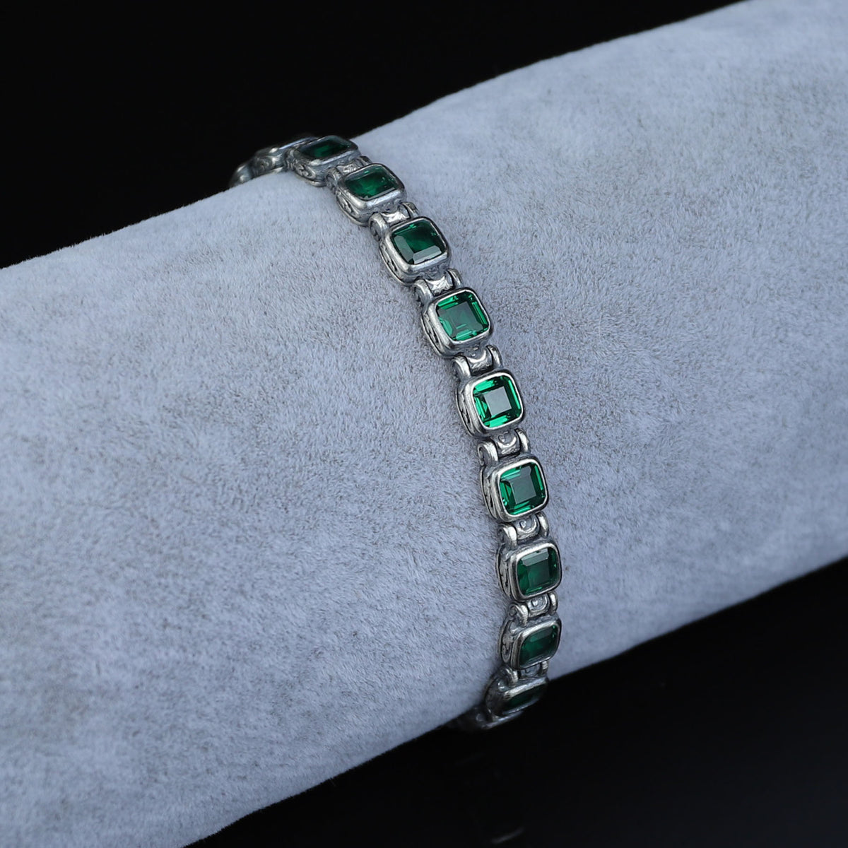 925 Silver Square Emerald Chain Bracelet, Square Cut Green Stone Tennis Bracelet, Men Emerald Diamond Tennis Bracelet, Elegant Bracelet