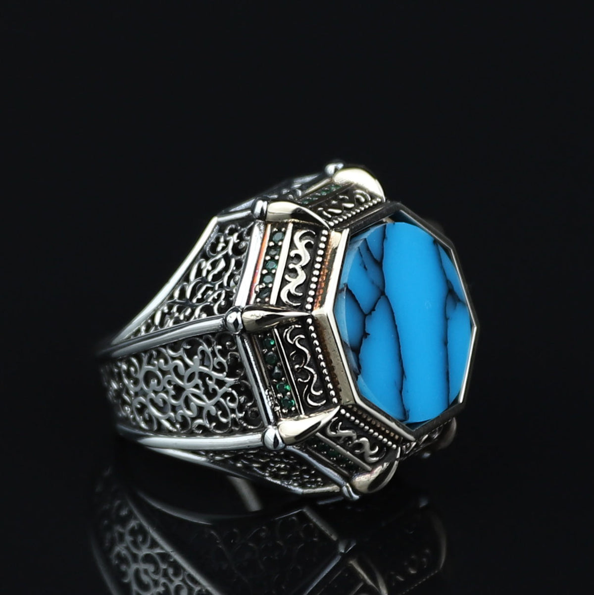Turkish Handmade Turquoise Ring, Men Large Round Turquoise Ring, Ottoman Style Handmade Ring, Perfect Men Ring