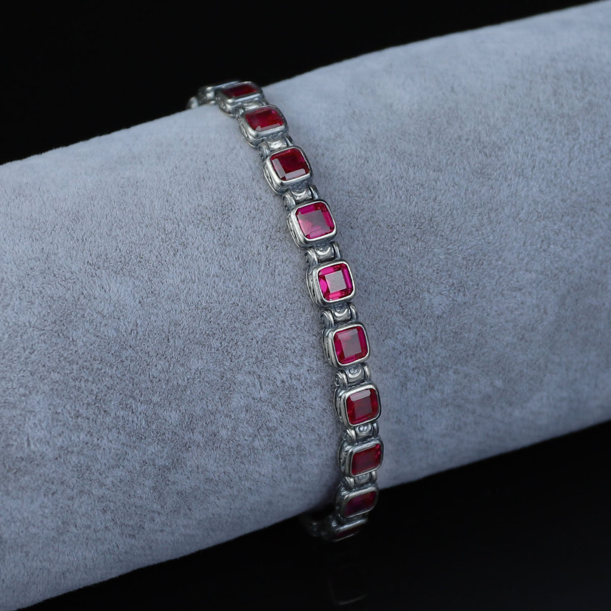 Men Silver Ruby Tennis Bracelet, Engraved Silver Red Stone Chain Bracelet, Mens Link Chain Bracelet, Silver Vintage Bracelet, 925 Silver