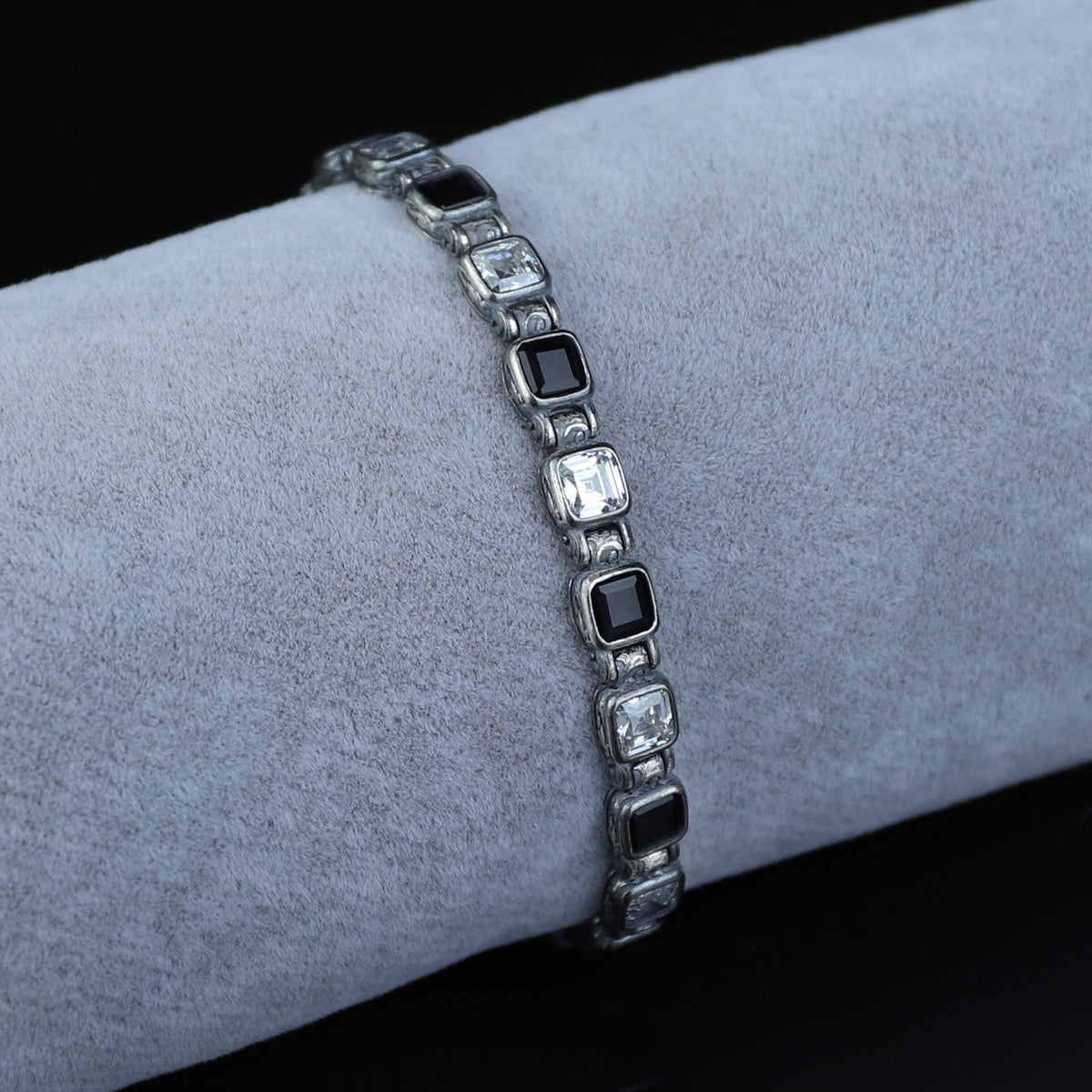 Silver Black Diamond Chain Bracelet, Black Moissanite Vintage Bracelet, Mens Black Diamond Bracelet, Shiny Diamond Bracelet